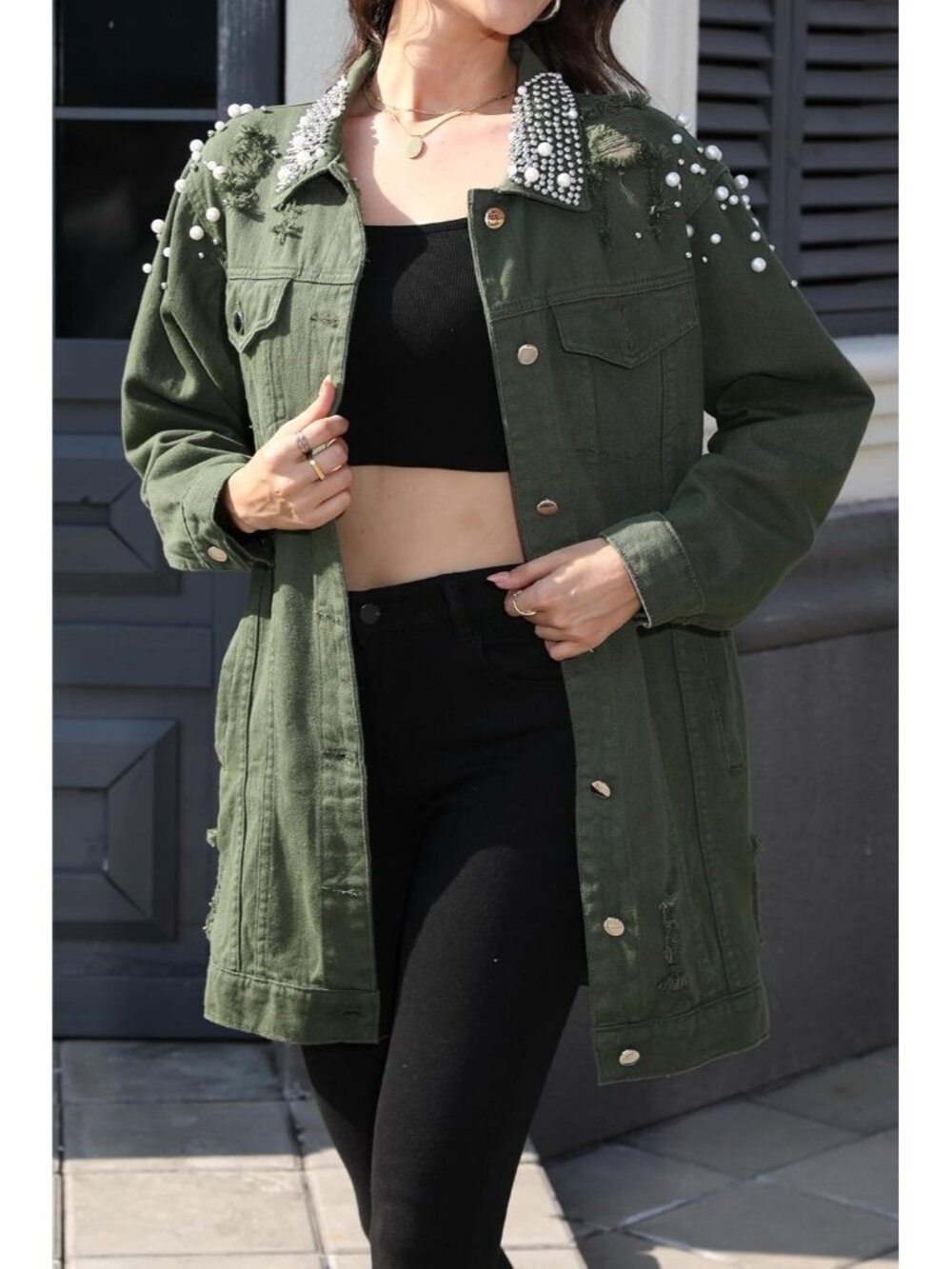 Women’s Green Long Sleeve Denim Jacket Pearl Button Down Imported Boyfriend Coat - Picture 3 of 6